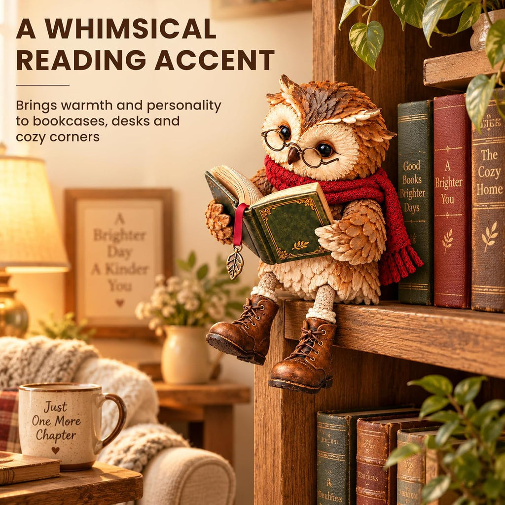 Reading Owl Figurine with Book, Glasses and Dangling Legs Shelf Decor (Red)