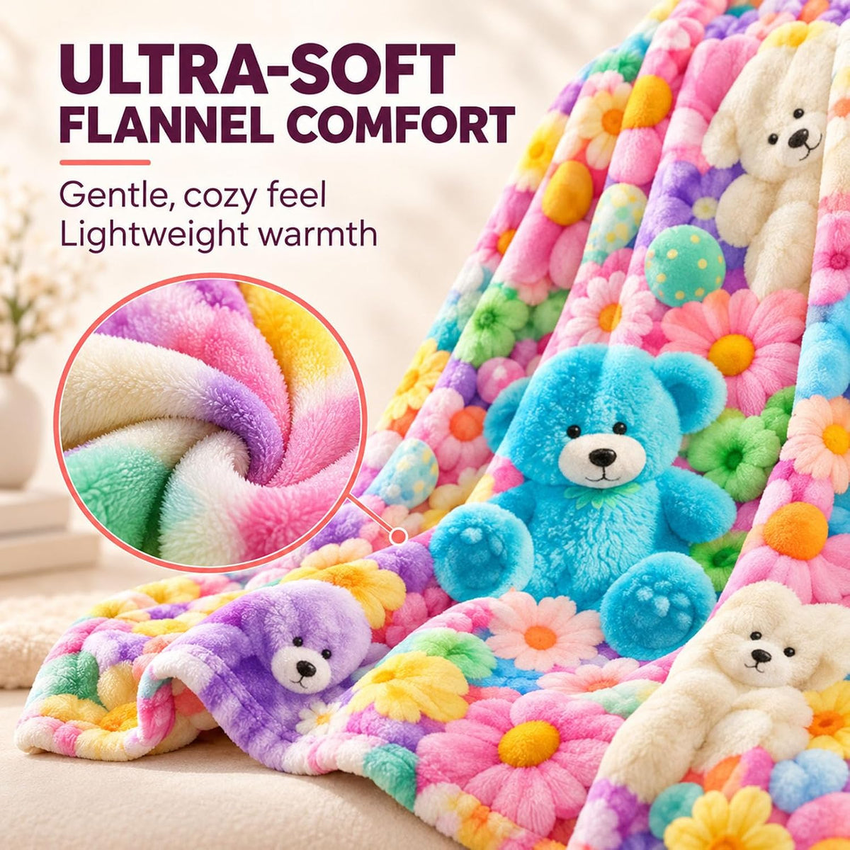 3D Plush Throw Teddy Bear Blanket, Fluffy Flannel Comfort，A：51×59 in