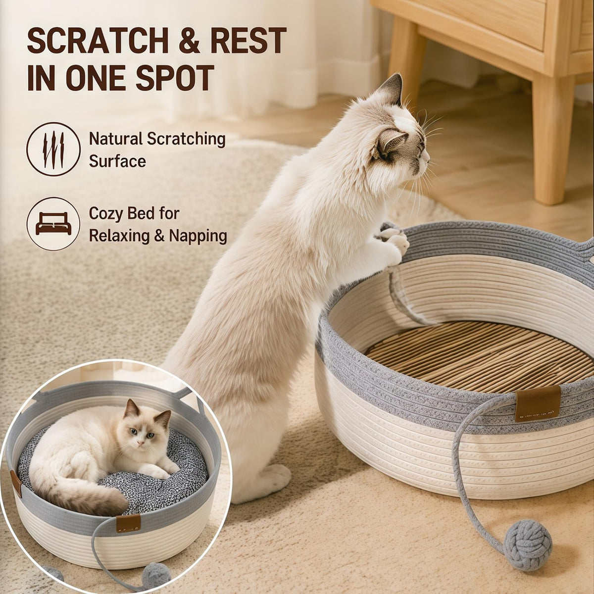Cat Basket Bed with Cushion & Hanging Ball Toy, Handwoven Cotton Rope Nest