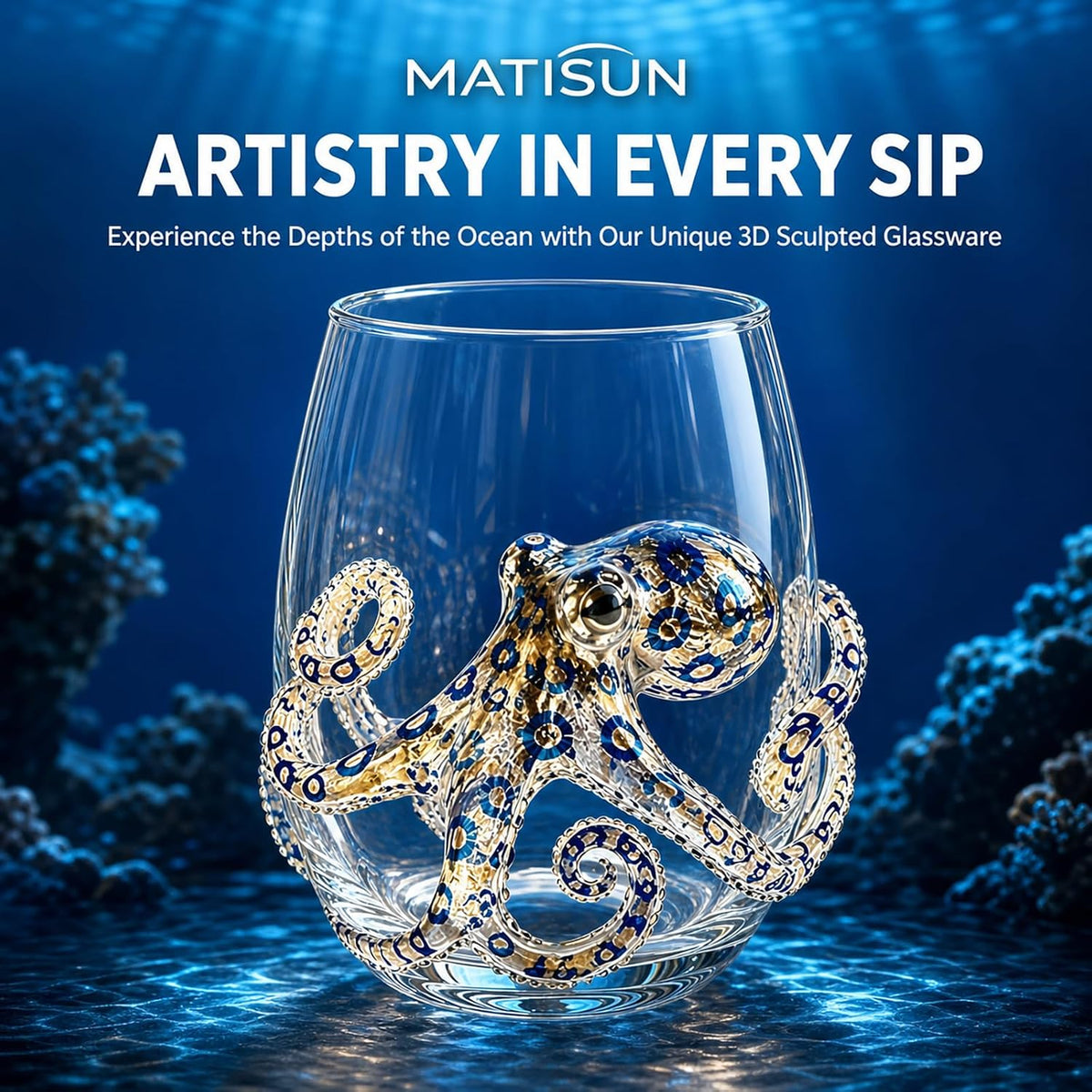 Blue Ringed Octopus Glassware, 3D Octopus Stemless Wine Glass, Marine Animal Drinkware For Coastal Home Bar Decor (1)