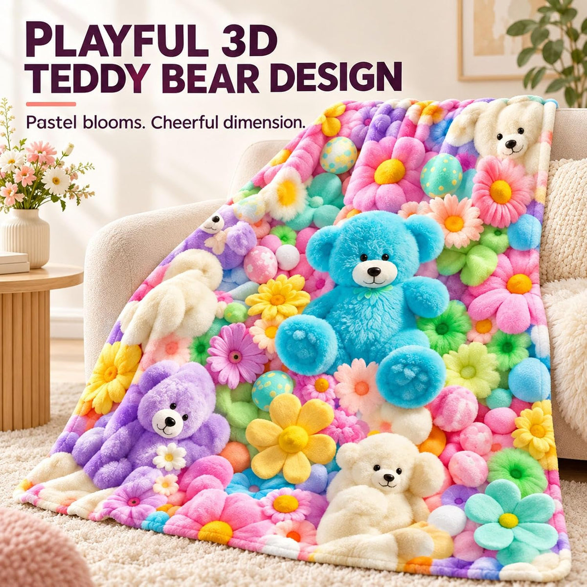 3D Plush Throw Teddy Bear Blanket, Fluffy Flannel Comfort，A：51×59 in