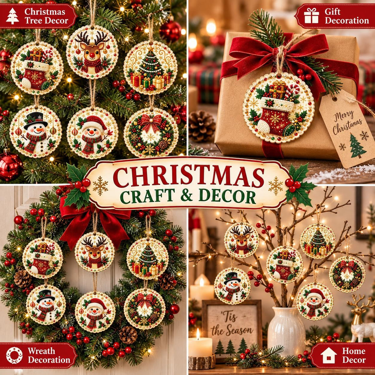 6PCS Christmas Ornaments DIY Pearl Diamond Art Kits for Adults, Wooden (Type B)