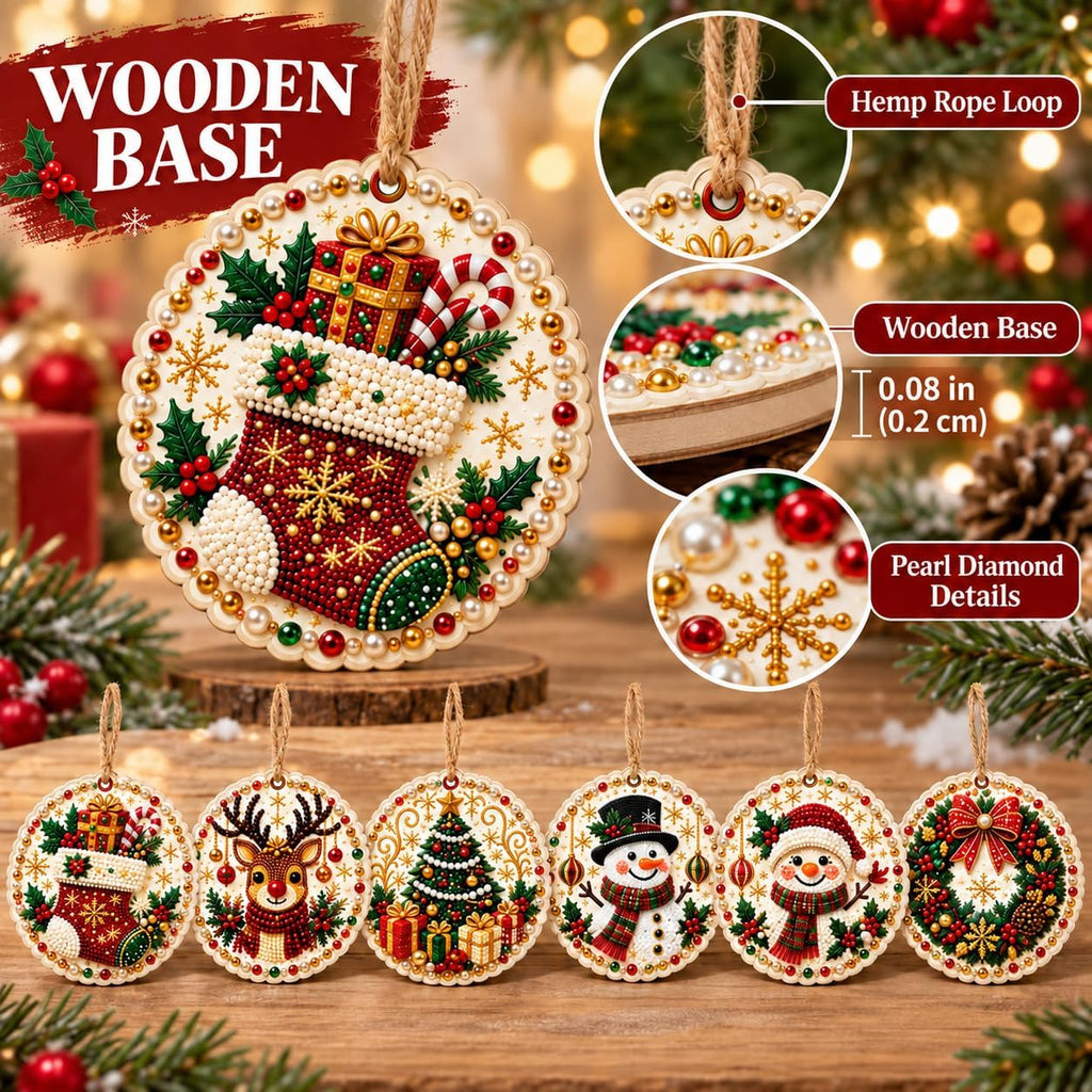 6PCS Christmas Ornaments DIY Pearl Diamond Art Kits for Adults, Wooden (Type B)