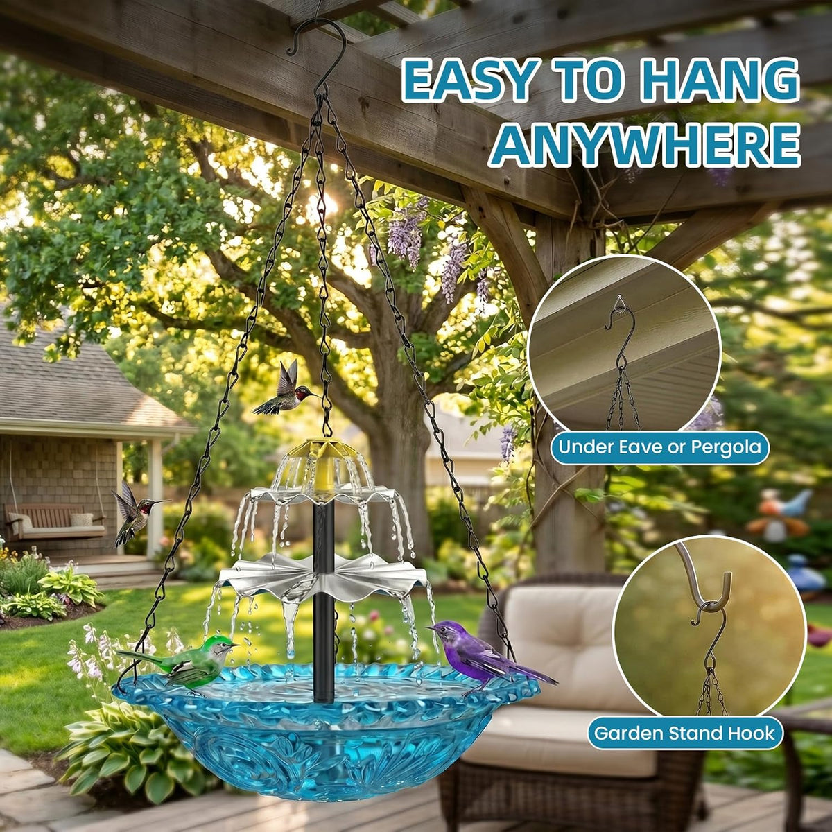 Solar Fountain Bird Bath Hanging Cascade Water Feature for Outdoor Garden & Yard Decor (Blue(XL))