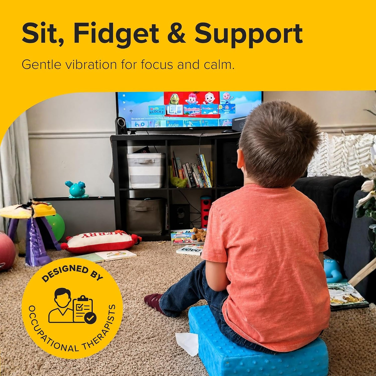 Special Needs Essentials FocusPad Vibrating Sensory Seat Cushion - Wiggle Seat & Foot Fidget for Kids and Adults with ADHD or Autism, Classroom & Home | Blue Textured Square