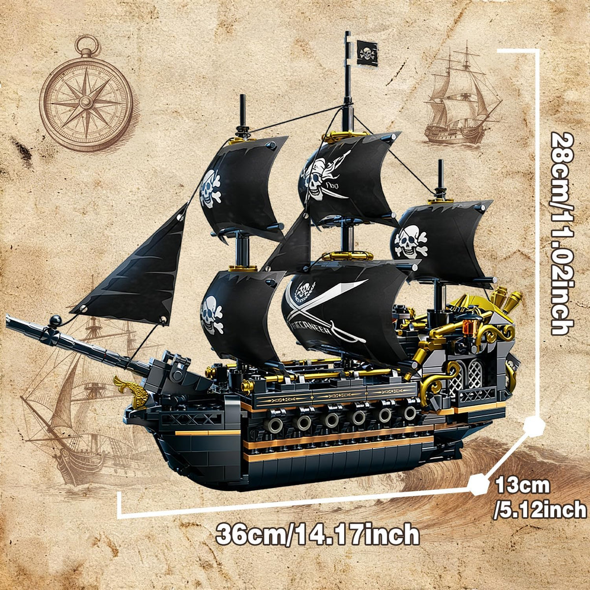 Pirate Ship Building Blocks, 3-Mast Classic Sailing Ship Model, 801 Pieces