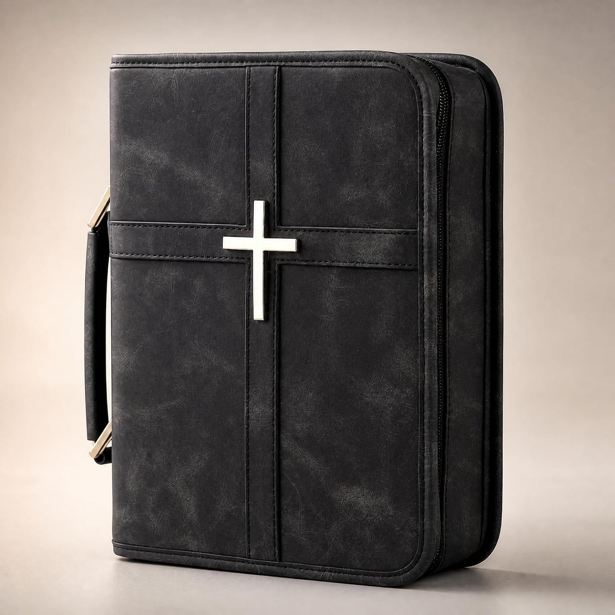 Vegan Leather Bible Cover for Men Women, Black Bible Case with Zipper Handle