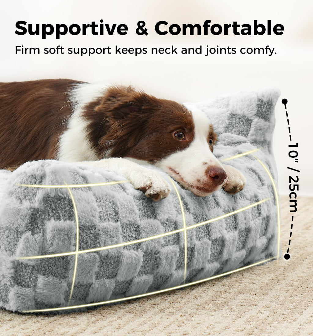 Made4Pets Faux Fur Pet Sofa Bed, Cozy Checkered Couch with Washable Cover, Grey
