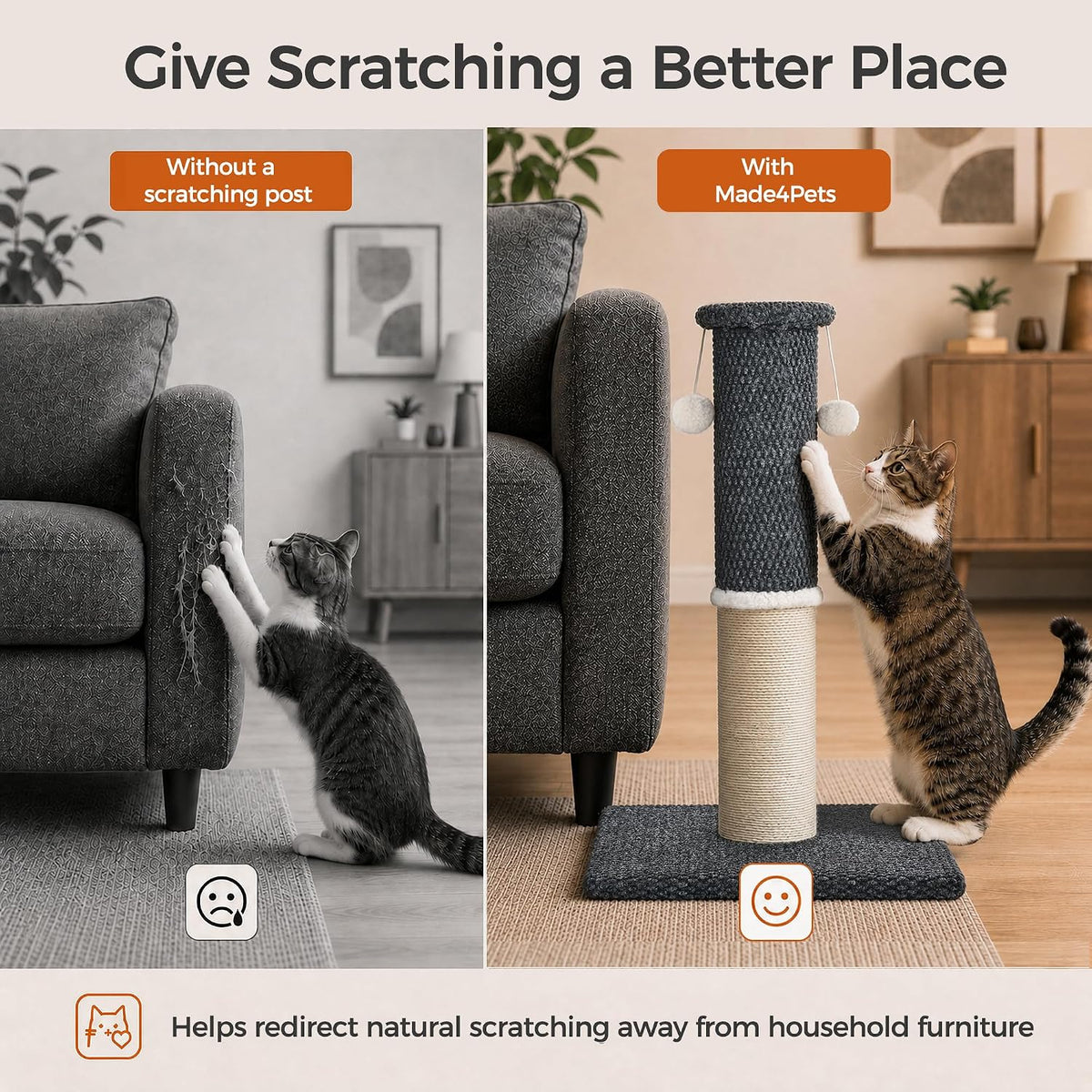 Made4Pets Tall Cat Scratching Post, 33" Sisal & Carpet Scratcher