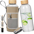 48 oz Sports Borosilicate Glass Water Bottle with Bamboo Lid with Neoprene Sleeve