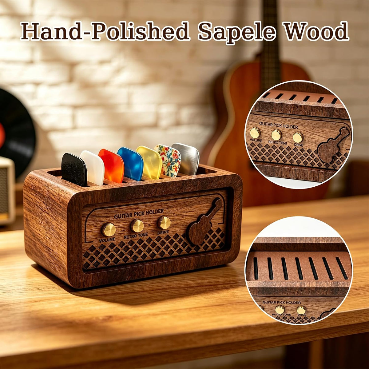 Sapele Wood Guitar Pick Holder, Guitar Pick Box for Pick Storage & Display