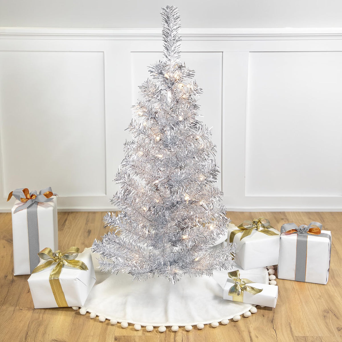 Pre-Lit Artificial Tinsel Christmas Tree - 3' - Silver - Clear Lights