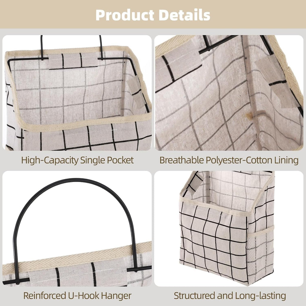 3 Pcs Fabric Wall Hanging Storage Caddy Bag Set – Small Wall-Mounted Bedroom Organizer with Adhesive Hooks, Mesh Side Pockets & Wire Metal Frame, Grey, Black & White Plaid Hanging Baskets for Books