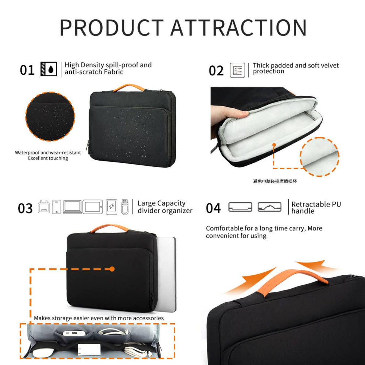 Laptop Sleeve Case Protective Carrying Bag Water Resistant Computer Cover PU Handle Black