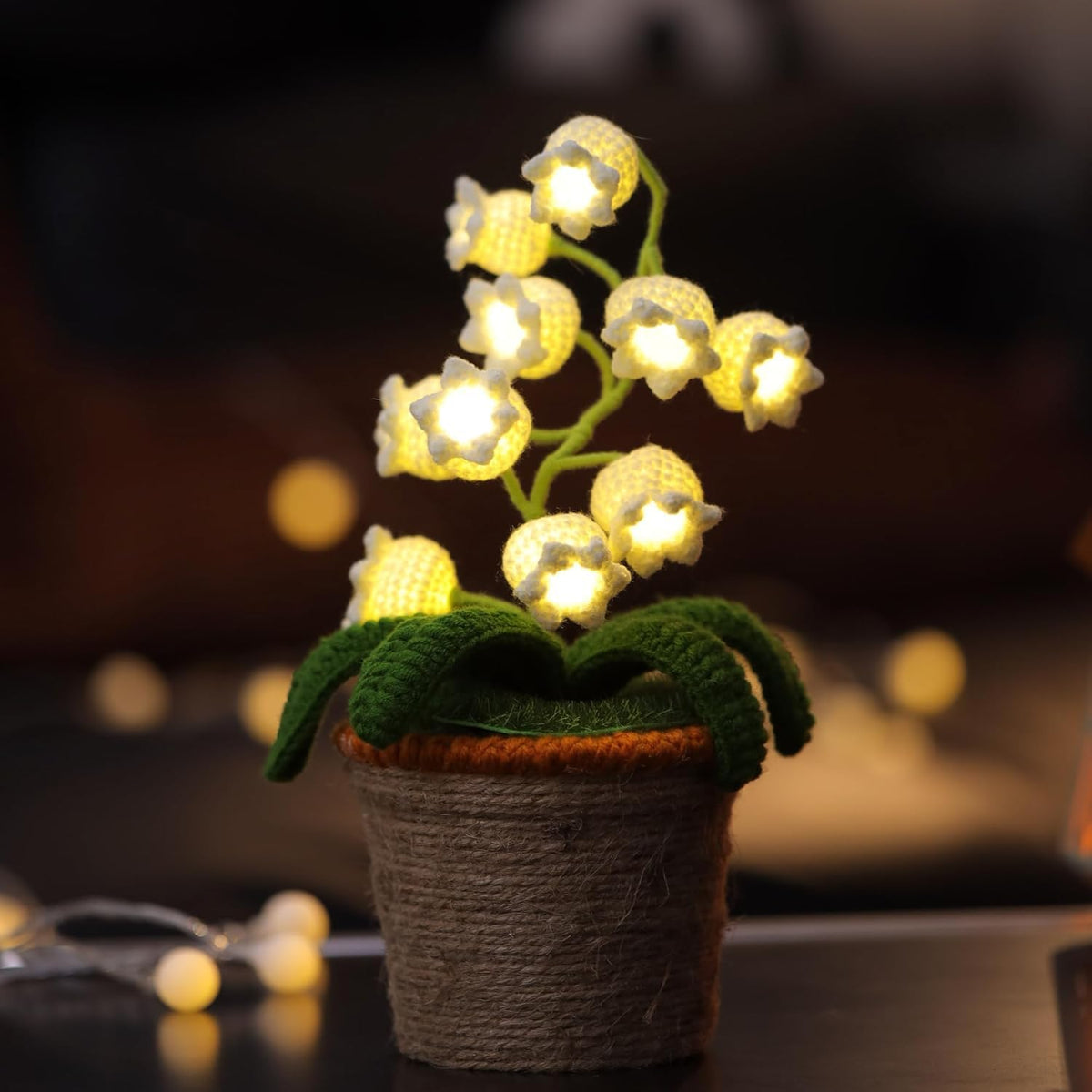 Lily of the Valley Crochet Flower Lamp - 10 Blooming Bell Lights Hand-Crocheted Potted Night Light - Battery Operated Cozy Aesthetic Room Decor & Thoughtful Handmade Gift for Women Mom Friends