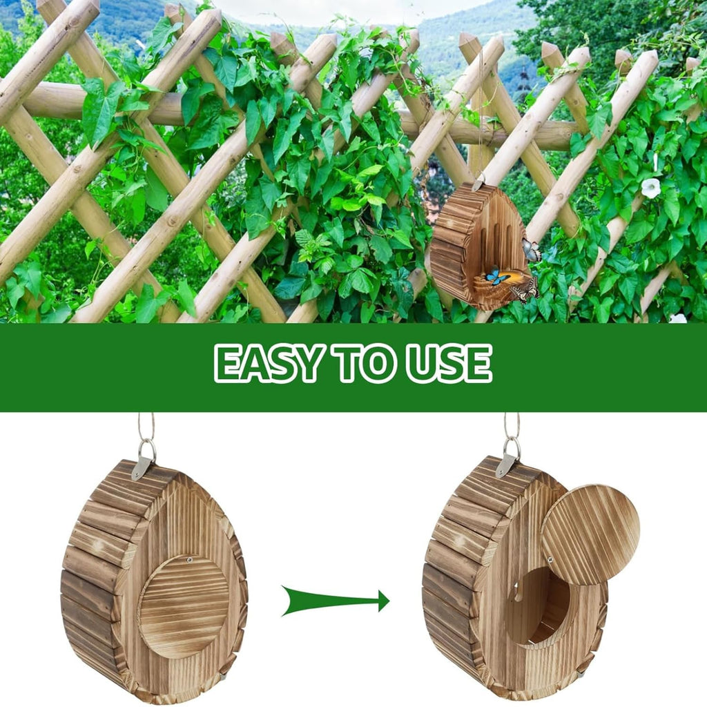 Wooden Butterfly House and Feeder, Natural Teardrop Butterfly Habitat Box with Nectar Dish & Cleanout Door, Outdoor Hanging Wild Insect Shelter for Garden Yard Decor, Gardening Gift for Mom Women