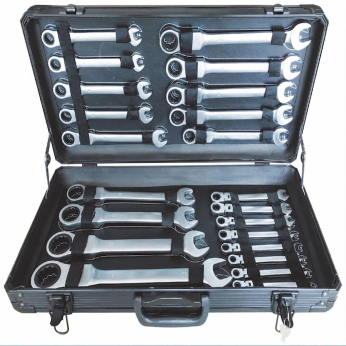 24-Piece Combination Ratchet Wrench Set SAE Standard Inch Sizes 1/4" to 3/4" - Premium Chrome Vanadium Steel Ratcheting Spanner Set with 15° Offset & Blue Portable Rack Organizer
