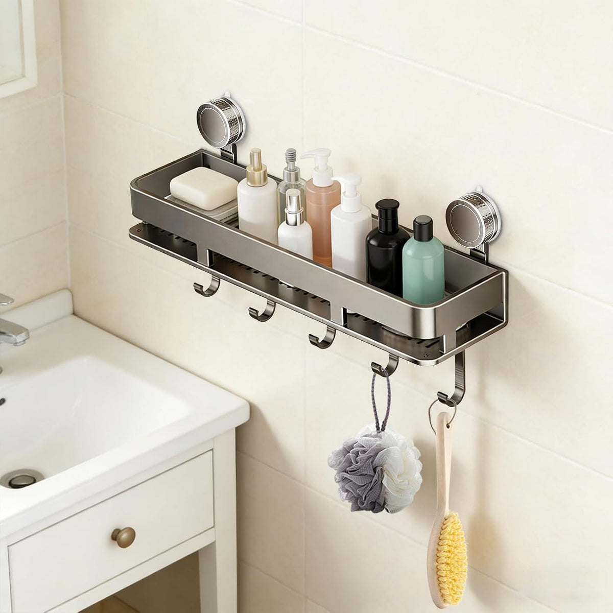 Suction Cup Shower Shelves 21in Carbon Steel Wall Mounted Shower Caddy Organizer Storage Rack with 5 Hooks