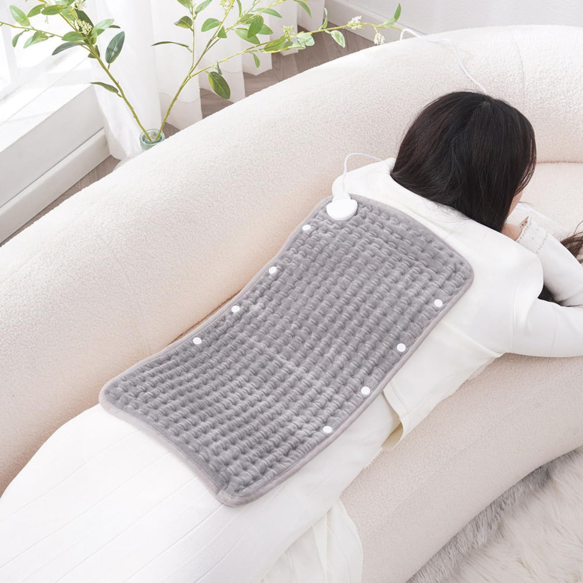 Electric Heating Pad for Back Pain and Cramp Relief, 60x30cm Flexible, 4 Auto-Off Timers & Snap Buttons (Gray)