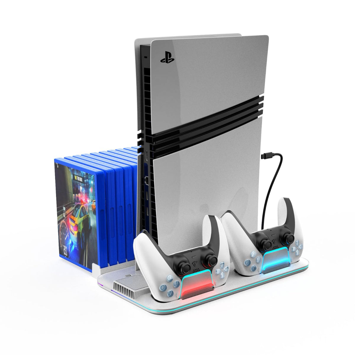 White Vertical Cooling Stand with Dual Controller Charging Dock, Silent Cooling Fan Base, Headset Holder & Media Slots for Disc & Digital Edition Consoles with Type-C Cable
