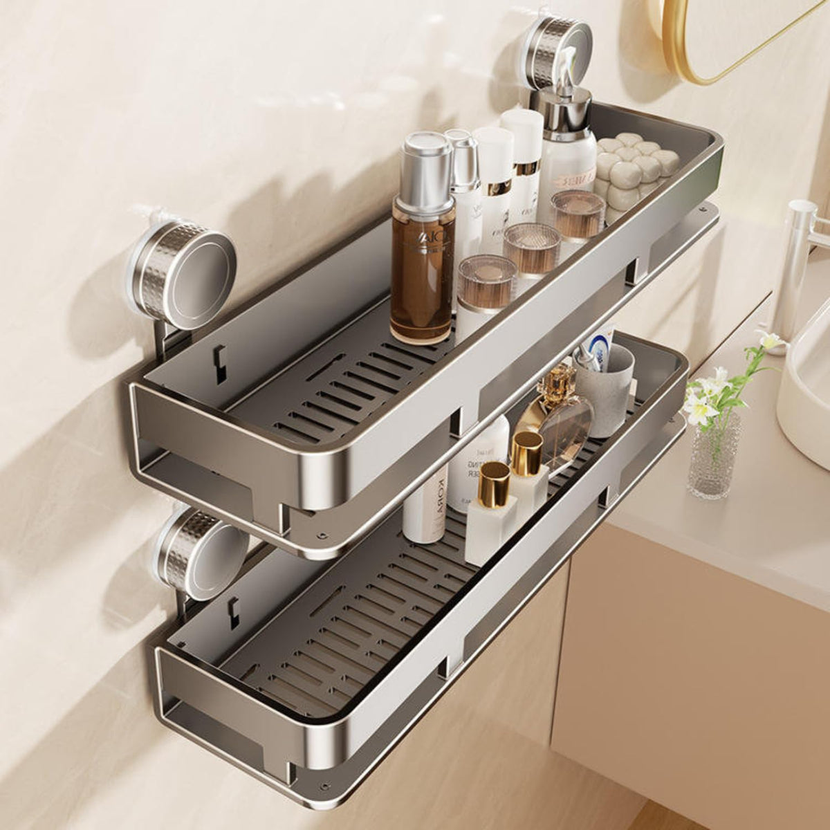 Suction Cup Shower Shelves 21in Carbon Steel Wall Mounted Shower Caddy Organizer Storage Rack with 5 Hooks