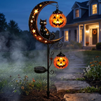 Pumpkin Moon Garden Stake Light, Solar Black Cat Pumpkin Halloween Outdoor Decoration