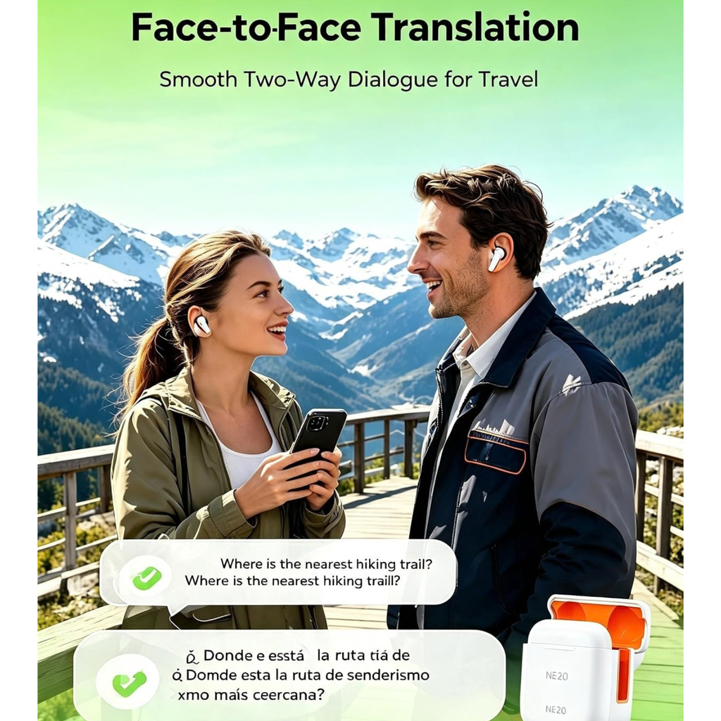 NE20 AI Translation Earbuds, Real-Time Translator, 135 Languages, LCD Touch Screen