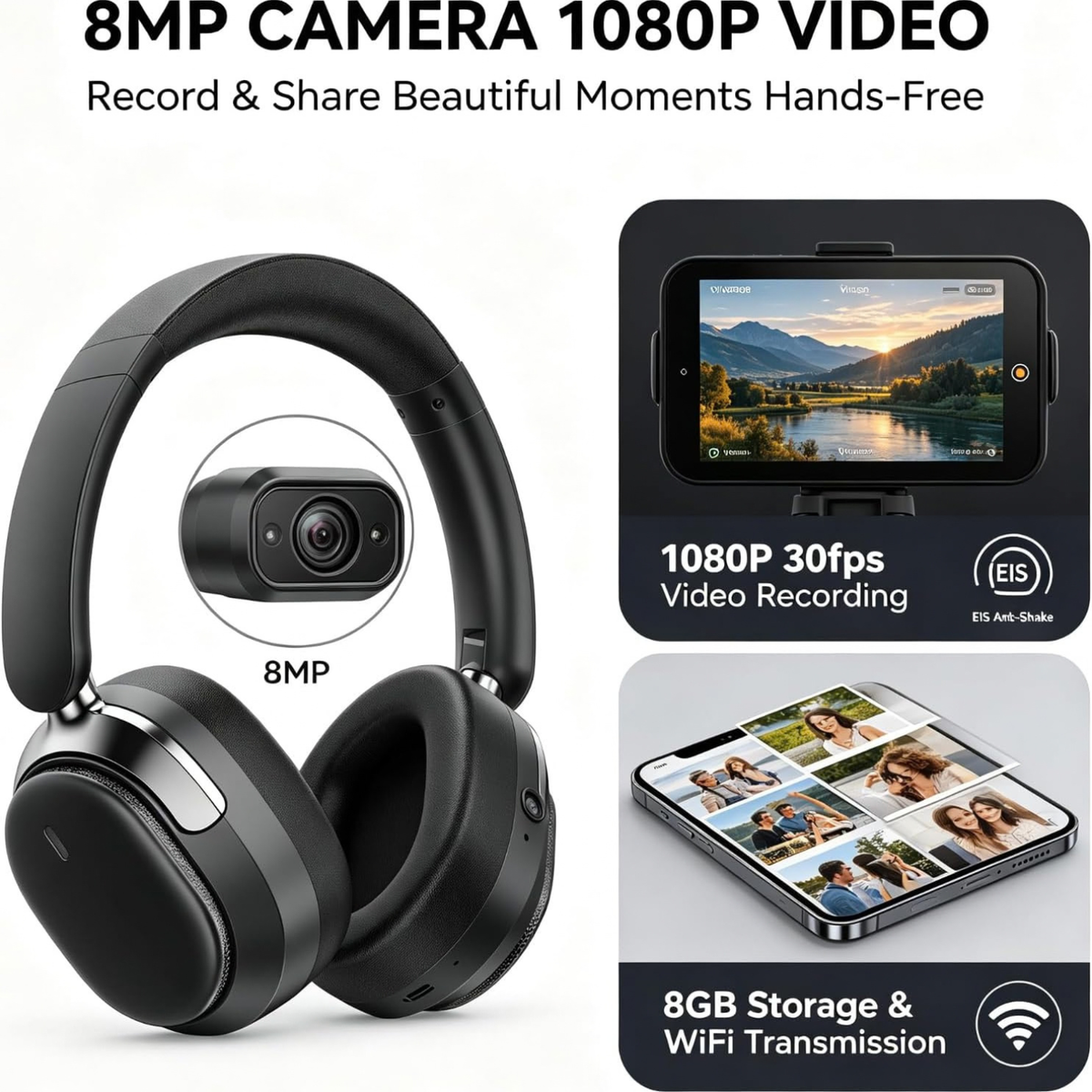 AI Camera Headset 8MP 1080P Video with Bluetooth and Dolby Atmos，Black