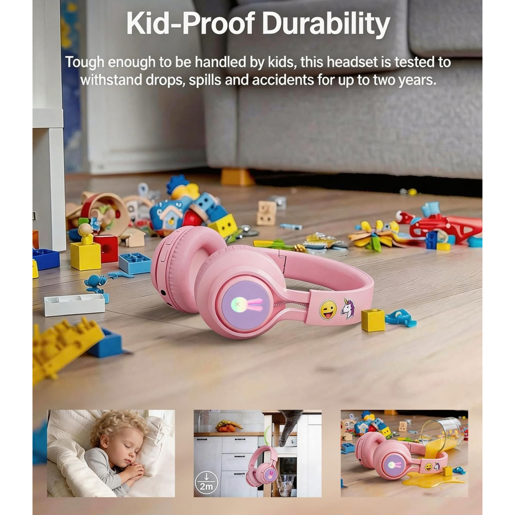 LED Bunny Kids Bluetooth Headphones, Over Ear Wired & Wireless Headset Pink