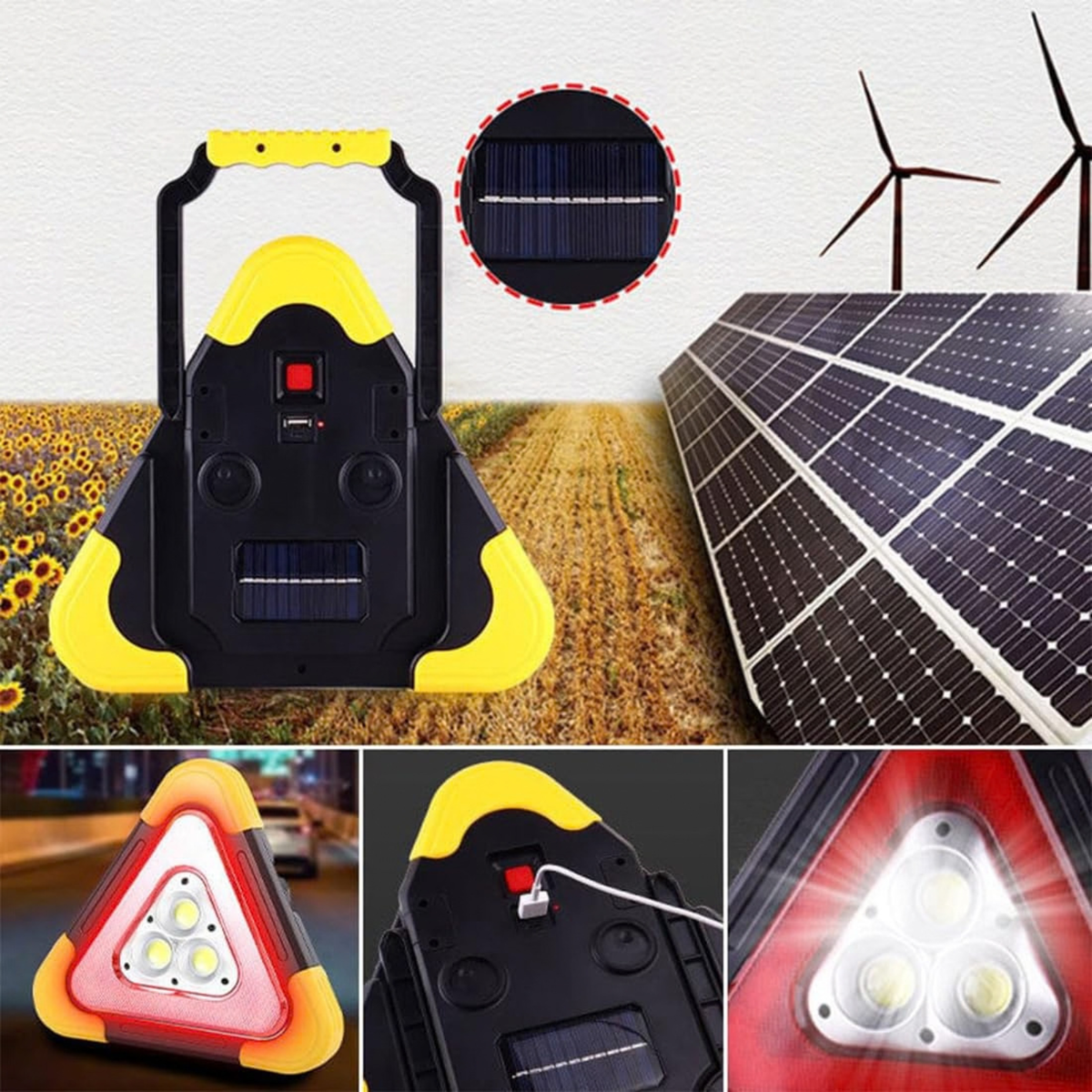 LED Emergency Triangle Warning Light, USB Rechargeable Solar Road Safety Triangle for Car Truck RV