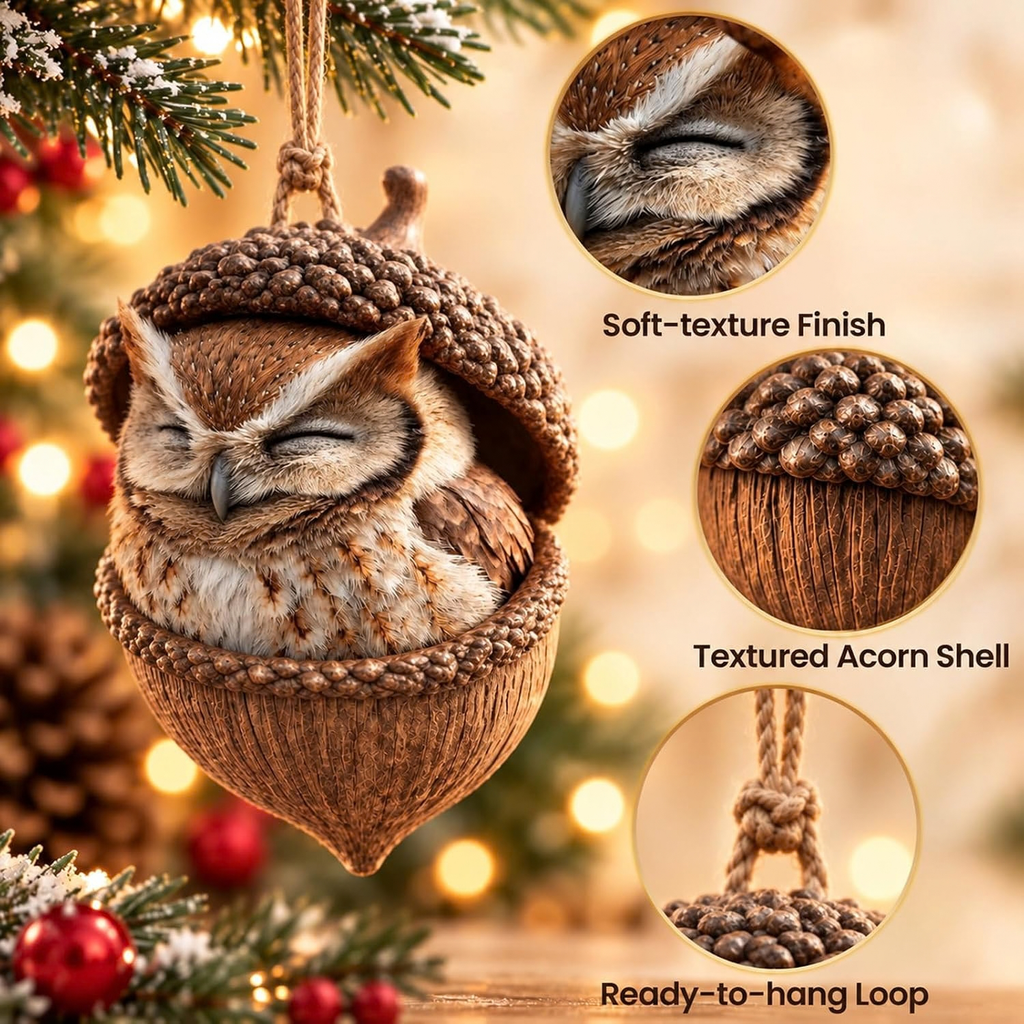 3D Forest Animal Acorn Ornaments, Woodland Hanging Decorations (Owl)