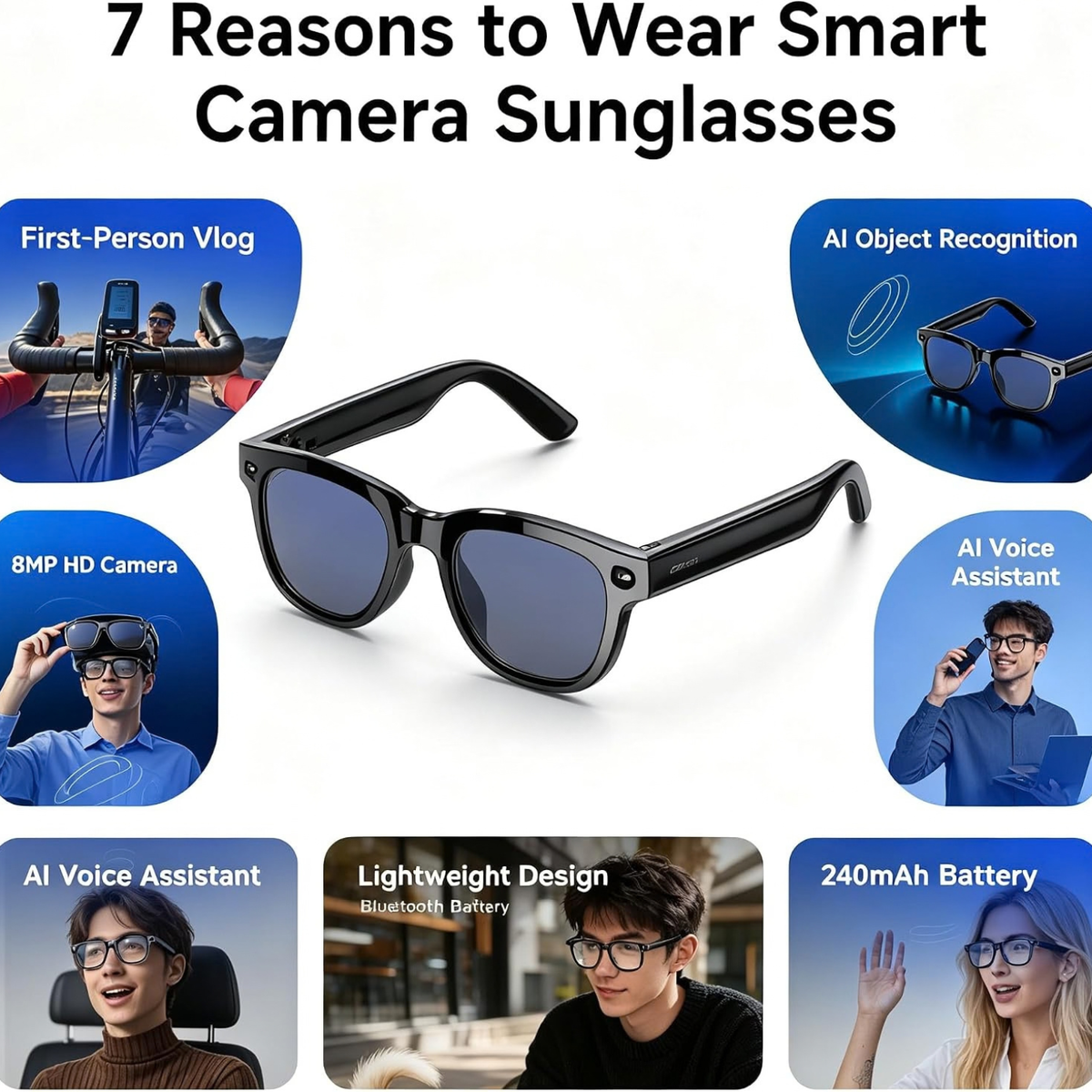 AI Smart Glasses, 8MP HD Camera, Bluetooth Audio, Real-Time Translation