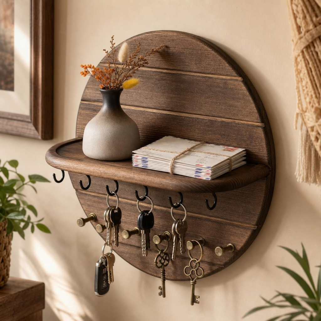 4PCS Key Holder Wall Mount Wood with Shelf and Hooks