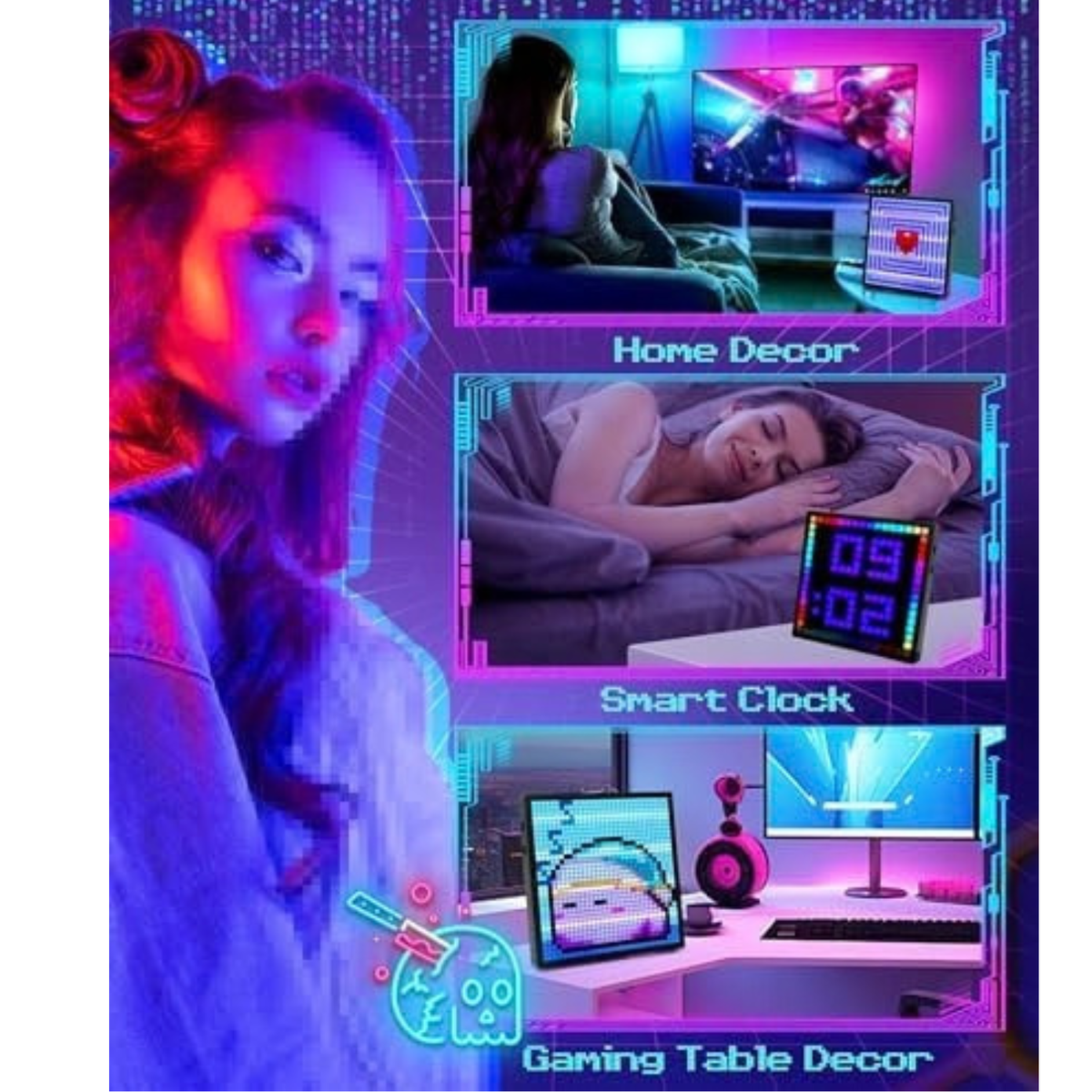 Gugxiom LED Pixel Art Display, Customizable LED Panel, Smart Clock DIY Graffiti Programmable LED Sign, Cyberpunk Decor, Smart Digital Display for Wall Art & Gaming Room Decor（32 * 32）