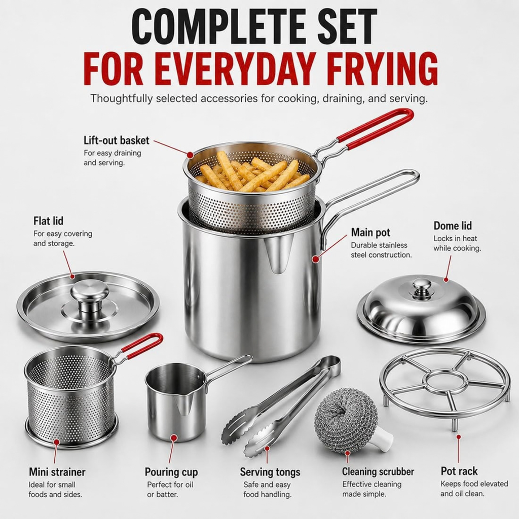 Stainless Steel Pot with Lift-Out Draining Basket & Food Tongs