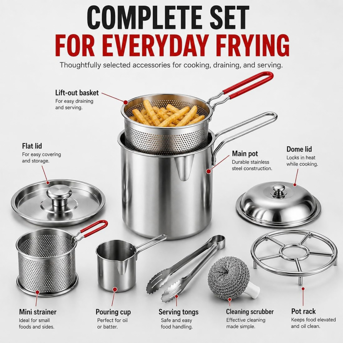 Stainless Steel Pot with Lift-Out Draining Basket & Food Tongs
