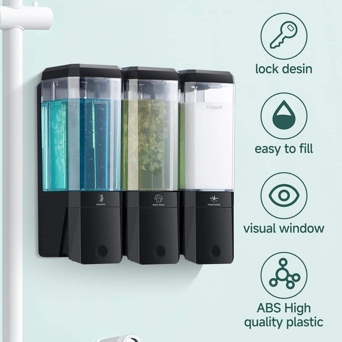 Wall Mount 3 Chamber Soap Dispenser for Shower - No Drill