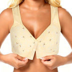 Front Closure Bra for Senior Women – Wireless Comfy Bralette with Front Snap Buttons, Soft Breathable Cotton Lining, Wide Shoulder Straps & Floral Print Accent, Full Coverage Wirefree Beige