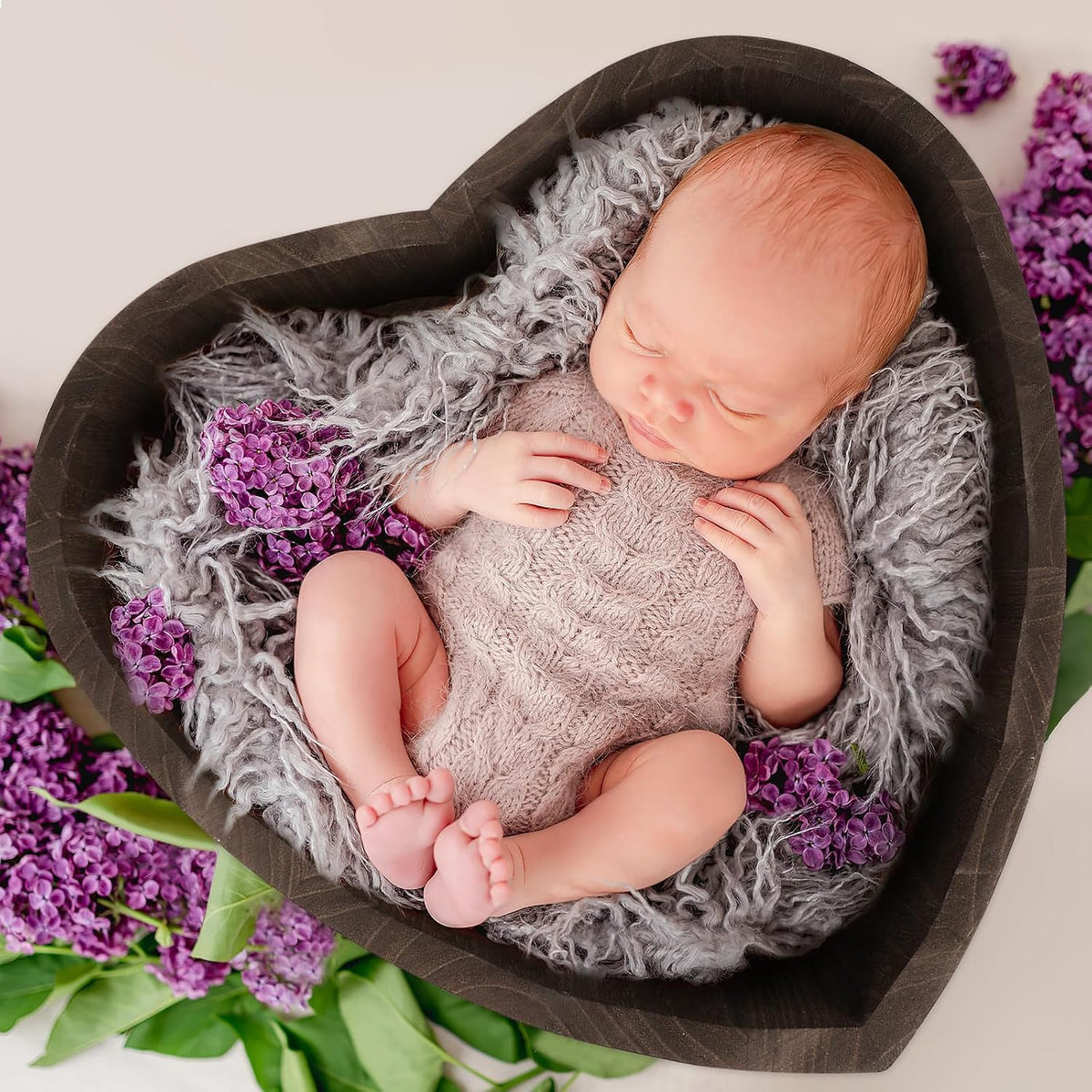 Heart Shaped Wooden Baby Posing Bowl (16.7" x 14.9" x 4.7") – Dark Brown Newborn Photography Prop Bed & Decorative Storage Tray for Infant Photoshoot Studio Setup
