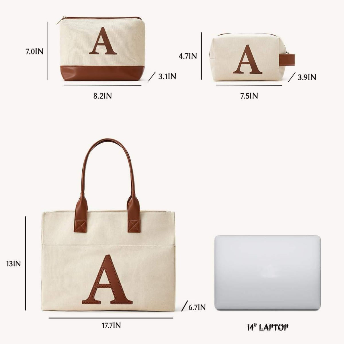Personalized Initial Canvas Tote Bag Set with Matching Makeup Bags - Large Work Tote Bag with 15" Laptop Compartment