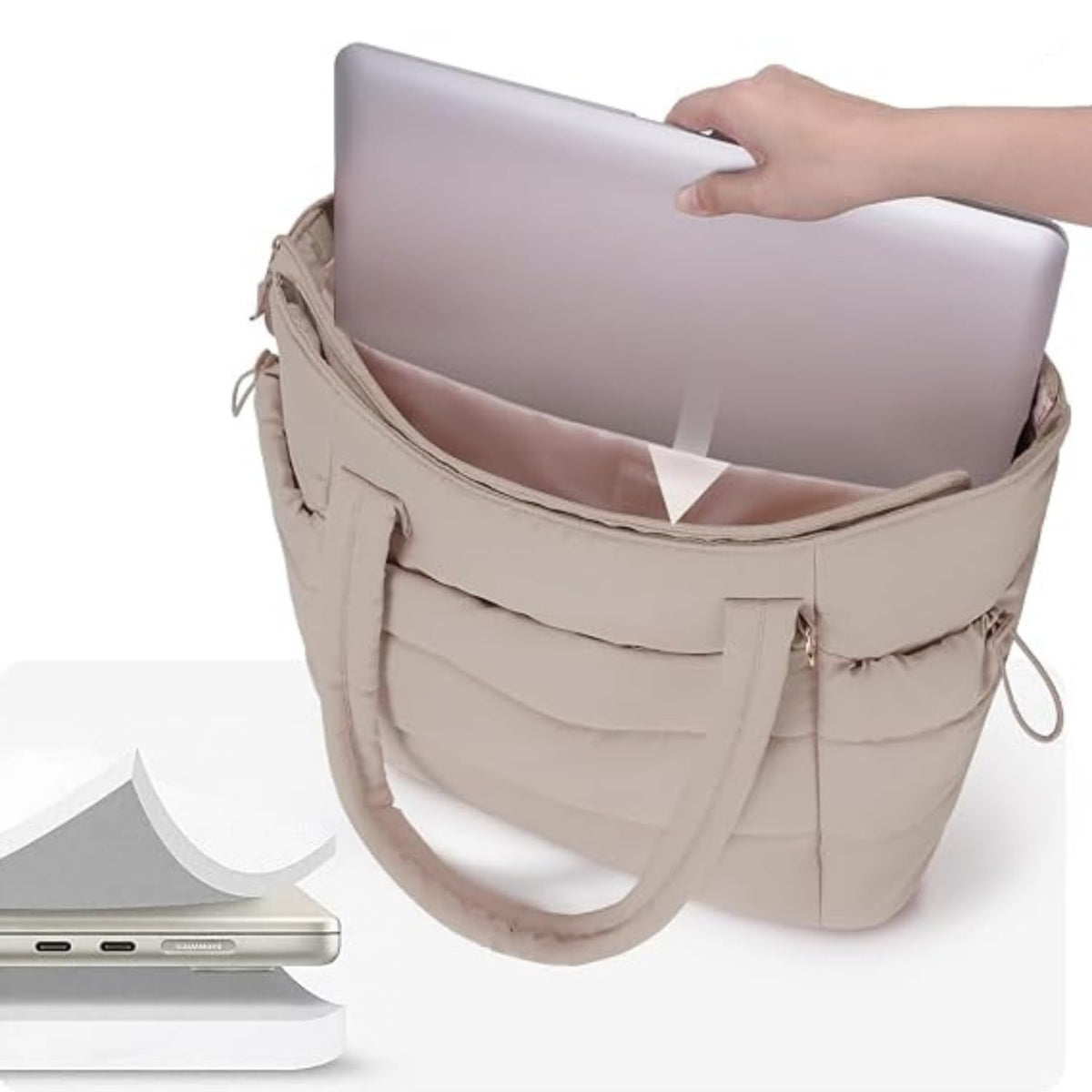 Puffer Work Tote Bag with Tumbler Holder, 2 Pcs Set Nurse Bag with 15.6 Inch Padded Laptop Sleeve & Trolley Sleeve