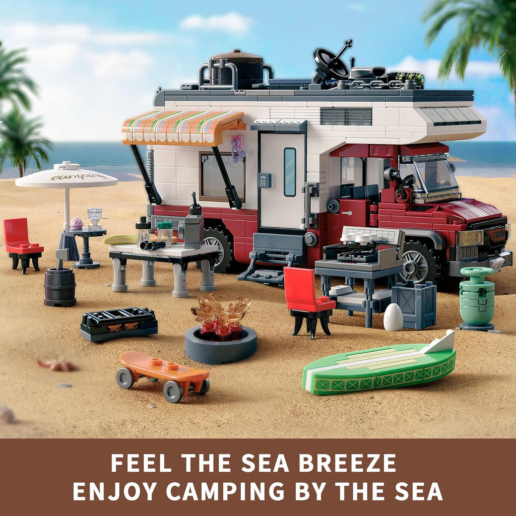 Camper Van Building Set, 880 PCS Beach Camping RV with LED Lights