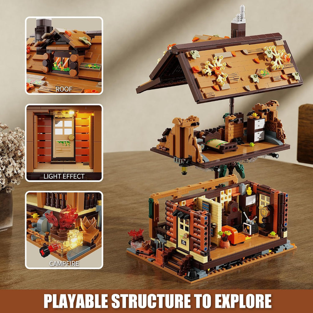 TYCOLE Wood Cabin Building Blocks Set with Lights for Adults and Girls 8-12