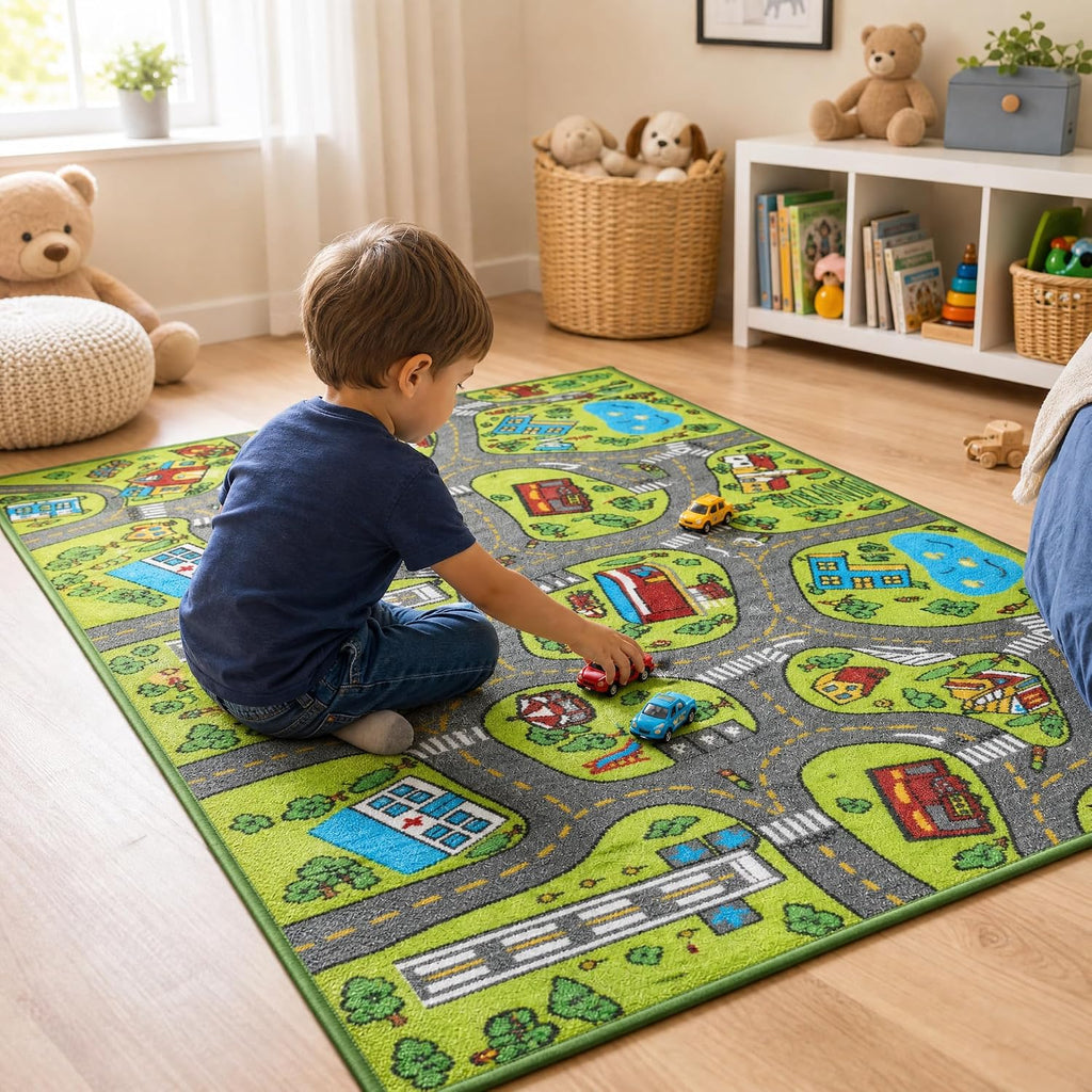 Car Rug, City Road Playmat, Town City Map Carpet, Ultra Non-Slip Washable Play Mat, 60" x 40"
