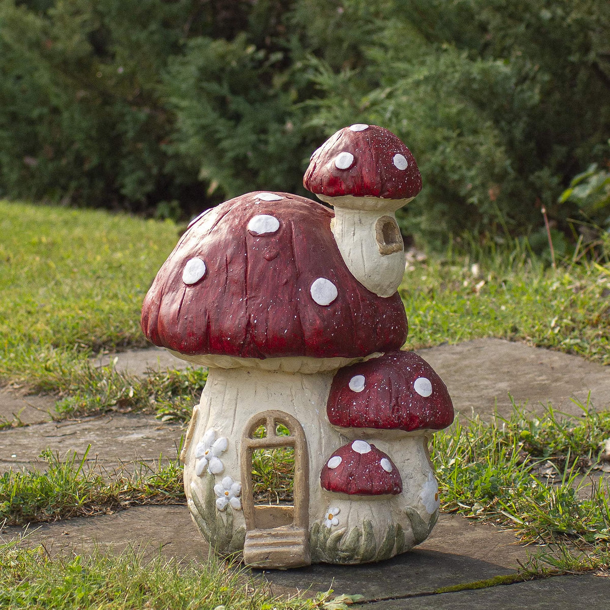 18" Red and Beige Mushroom House Outdoor Garden Statue