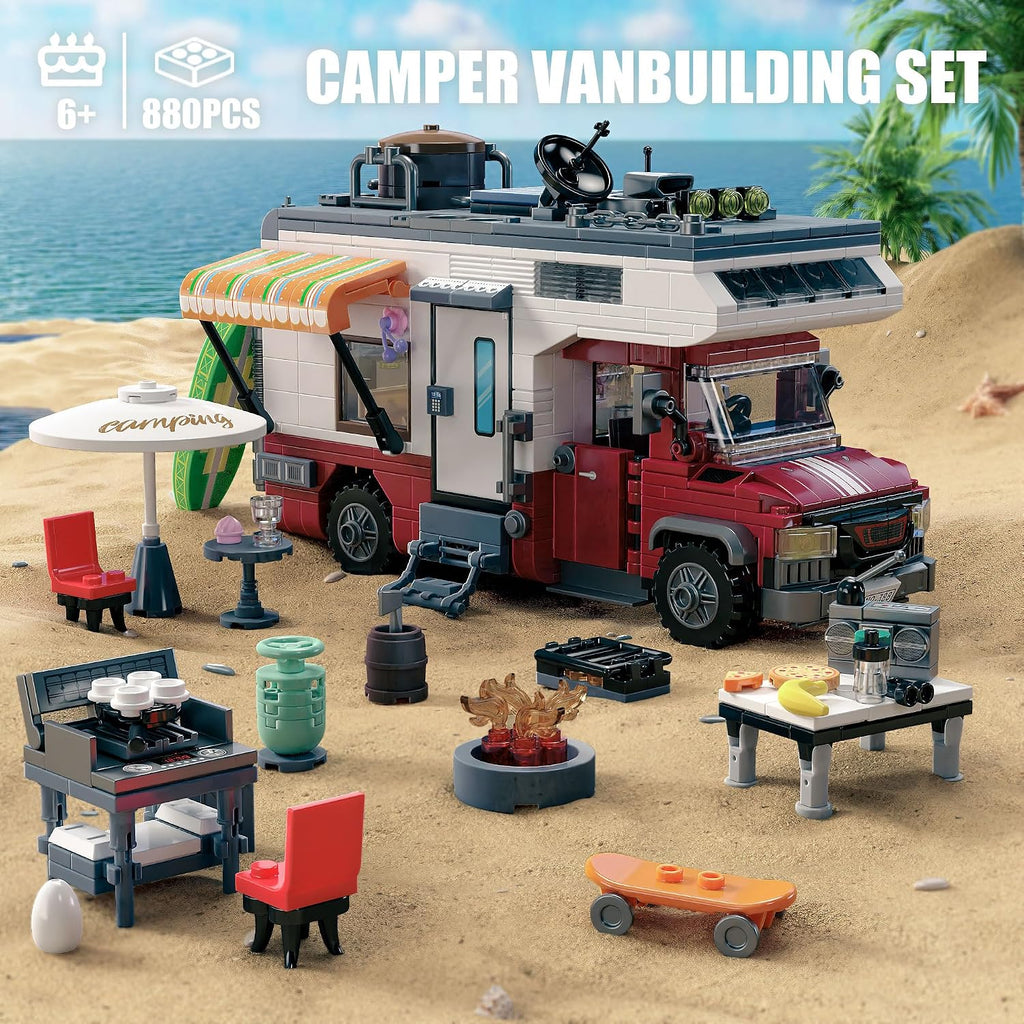 Camper Van Building Set, 880 PCS Beach Camping RV with LED Lights