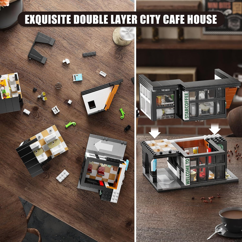 City Coffee Shop Building Block Set, 581PCS Architecture Model with Lights