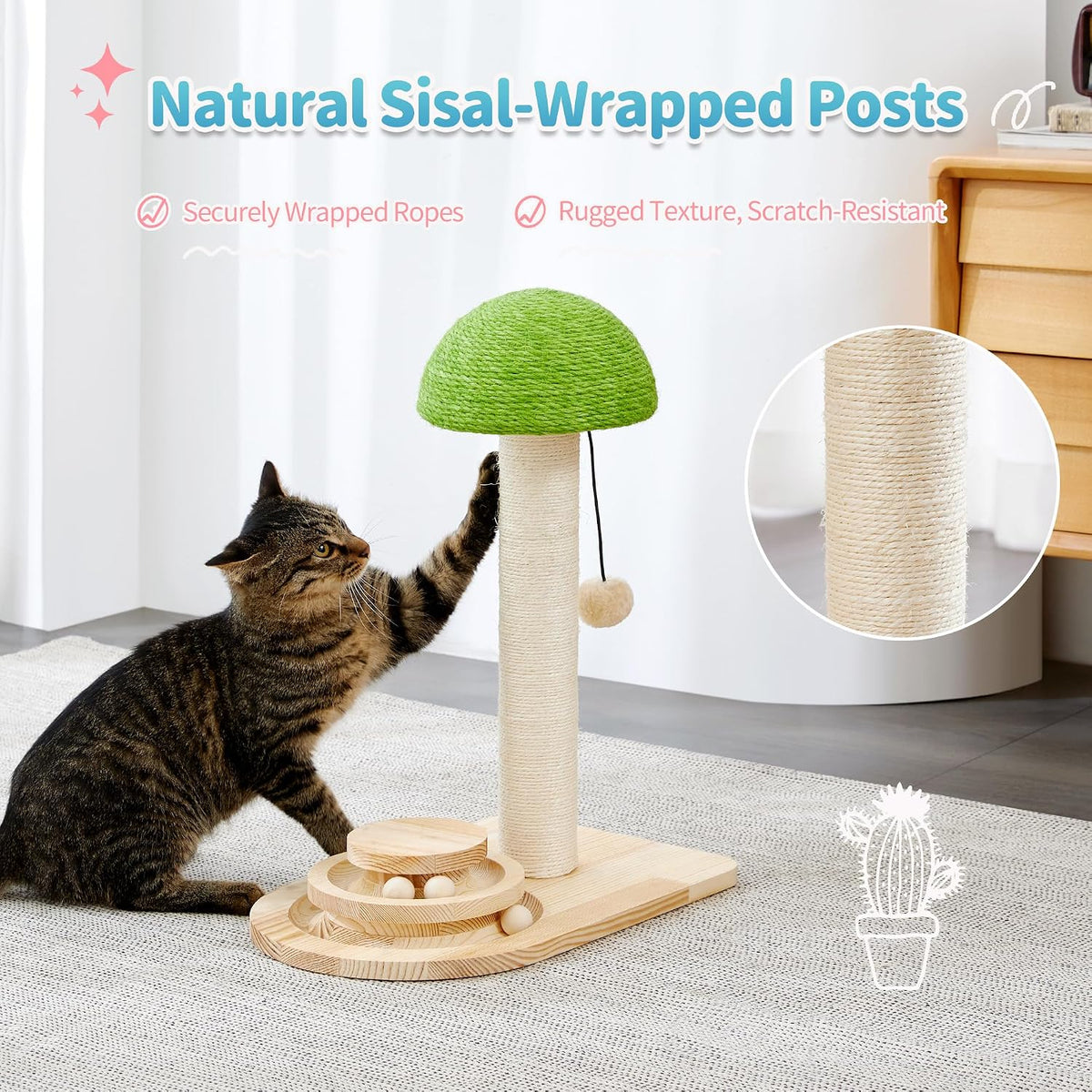Made4Pets 20" Mushroom Cat Scratcher, Sisal Post with Track Ball Toy, Green
