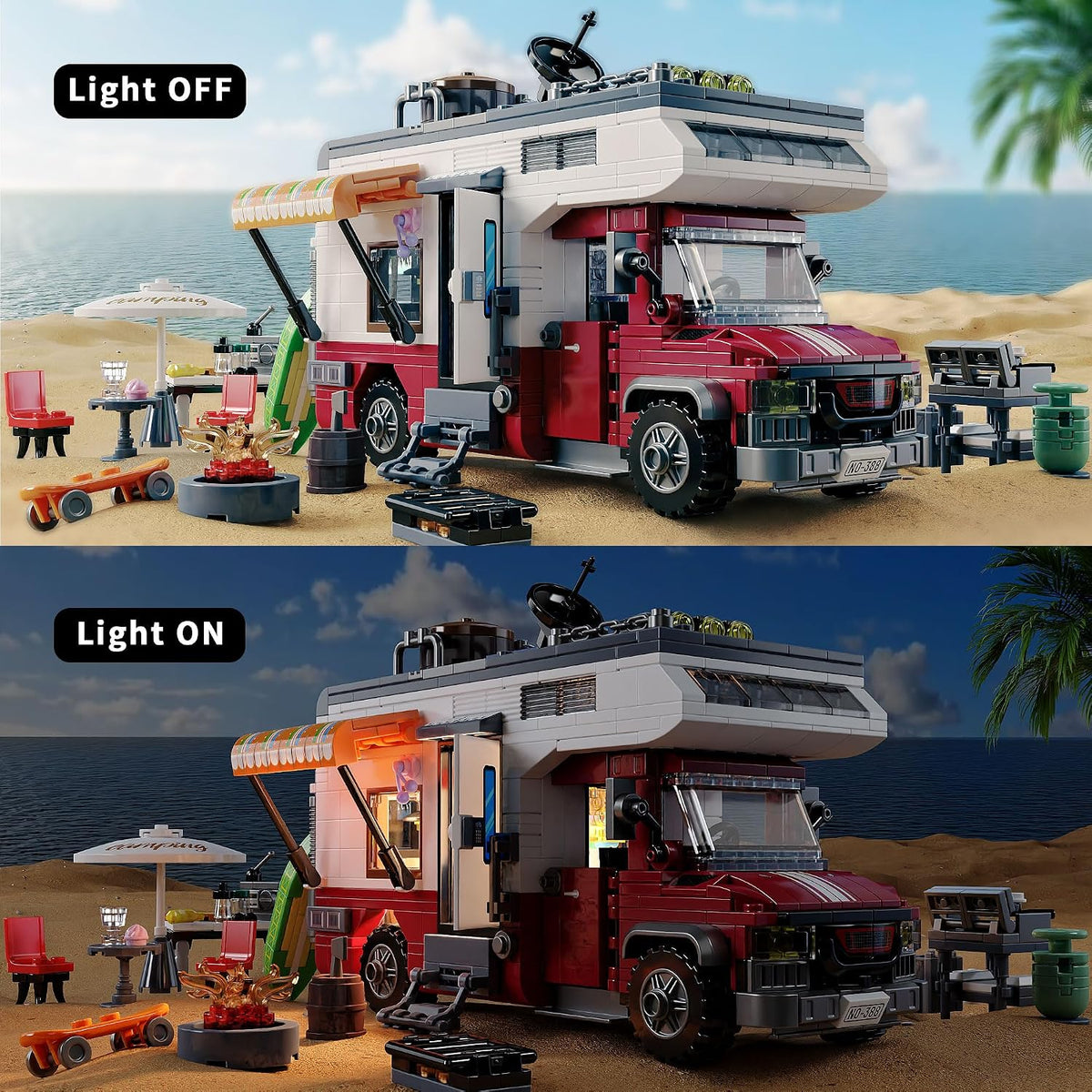 Camper Van Building Set, 880 PCS Beach Camping RV with LED Lights