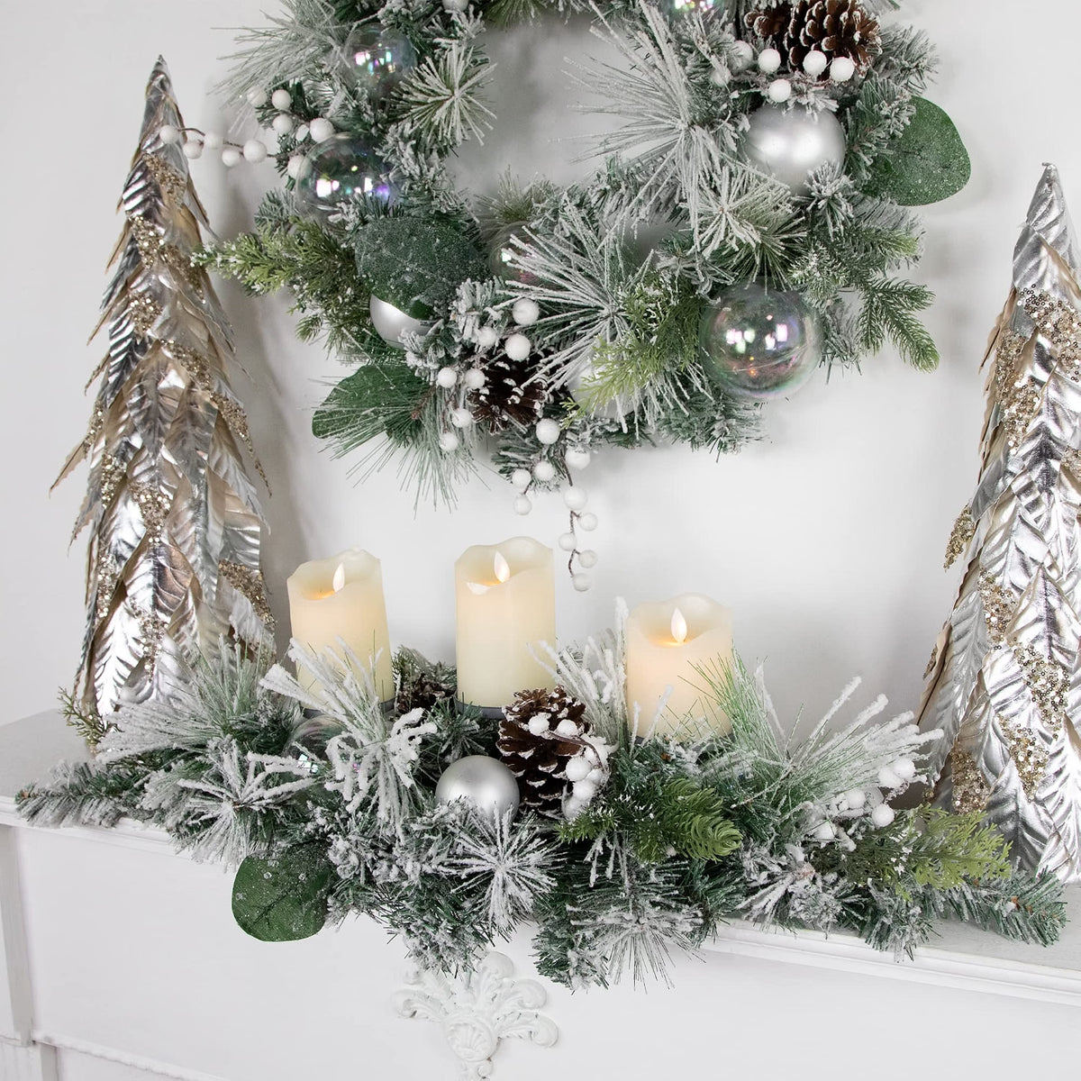 Flocked Pine Triple Candle Holder with Iridescent Christmas Ornaments - 30"
